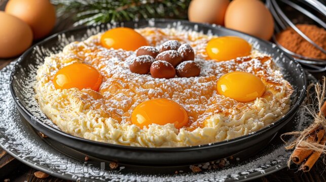 Rich cake topped with bright egg yolks, powdered sugar, and decorative chocolate eggs. Surrounded by fresh ingredients and cinnamon sticks, emphasizing traditional baking and festive preparation...