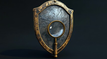 Antique shield with magnifying glass revealing clue.