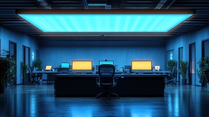 Fototapeta premium Blue-lit office, night, desks, computers, design