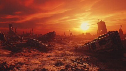 A post-apocalyptic alien battlefield, with destroyed extraterrestrial war machines scattered across a scorched, irradiated landscape under a dark red sky. 4K ultra-realistic image.