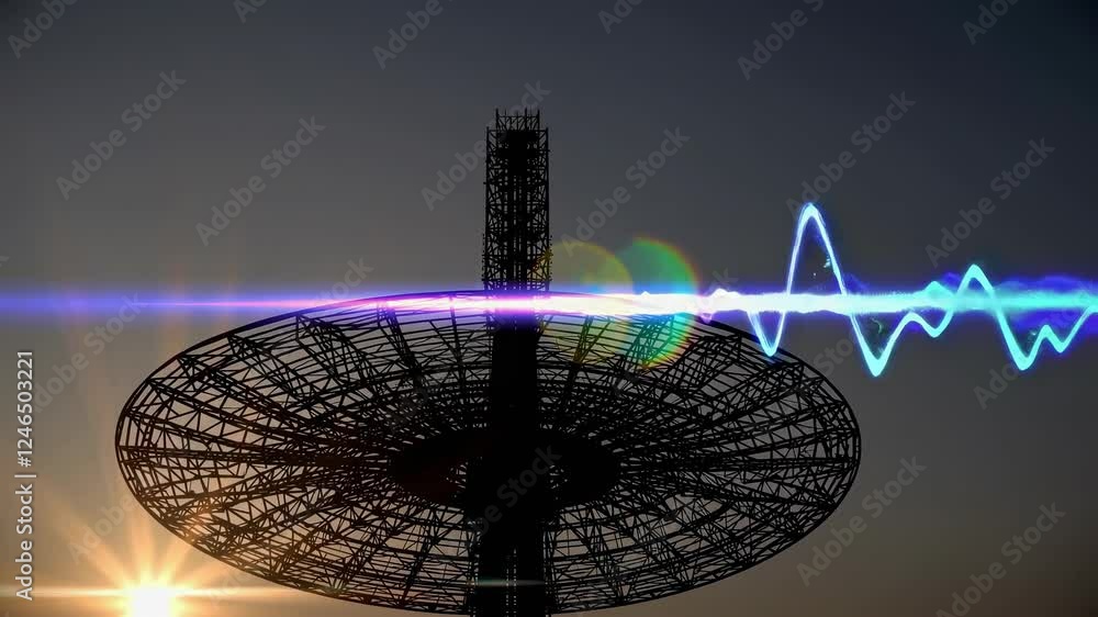 Poster Captivating sunset view with sound wave pattern over unique structure in clear sky