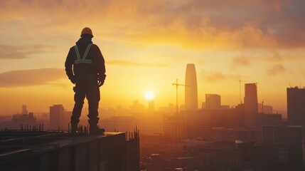 Fototapeta premium A powerful 4K low-angle shot of a construction worker standing confidently atop a steel structure, looking out over the city skyline at sunset.