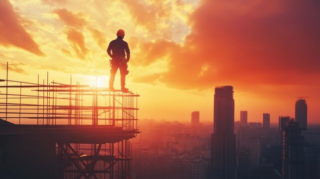 A powerful 4K low-angle shot of a construction worker standing confidently atop a steel structure, looking out over the city skyline at sunset.