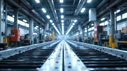 Fototapeta premium A modern factory floor with metal beams and machinery under fluorescent lighting.