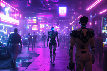 Exploring a vibrant cyberpunk realm filled with neon lights and futuristic beings