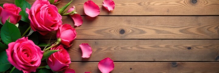 Fototapeta premium Warm wood background with delicate rose petals and a few sprigs of greenery, peaceful, serene, nature