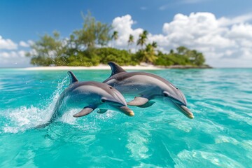A group of dolphins jumping near an uninhabited island, with a backdrop of a clear blue sky