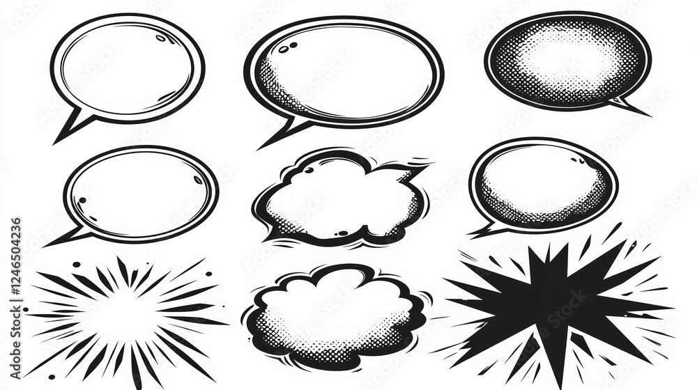 Poster a collection of comic-style speech bubbles and explosion graphics, perfect for dialogue and action r