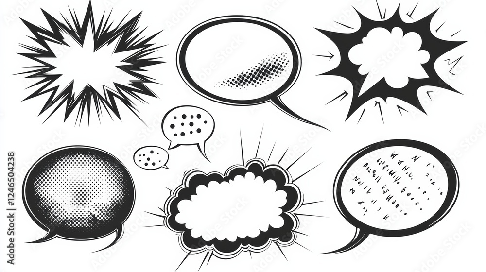 Poster a collection of comic-style speech and thought bubbles in black and white, featuring various shapes 