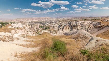 Red Valley and Rose Valley of Goreme of Nevsehir in Cappadocia aerial timelapse, Turkey.