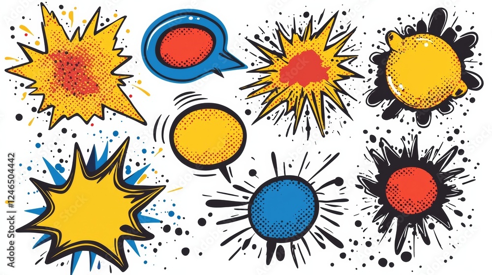 Poster colorful comic-style speech bubbles and explosive shapes in various colors and sizes, adding a dynam