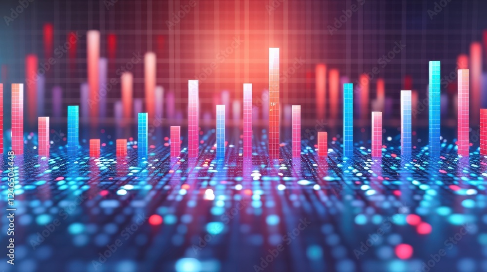 Poster vivid 3d bar chart with glowing data points in vibrant blue and red hues on a digital grid, showcasi