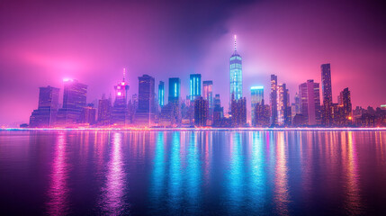 Fototapeta premium Vibrant Cityscape Night Skyline Modern Urban Architecture Building pink blue neon glow view water 