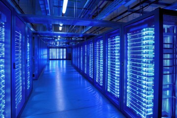 A high-tech data centre with blue glowing server racks, in a futuristic setting.