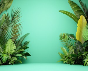 Obraz premium A creative mix of real and digital tropical plants in a surreal setup.
