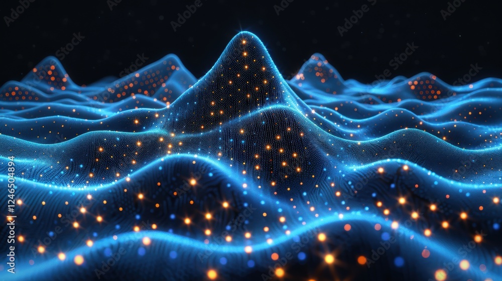 Poster dynamic visualization of glowing blue waves with embedded golden dots symbolizing advanced online ad