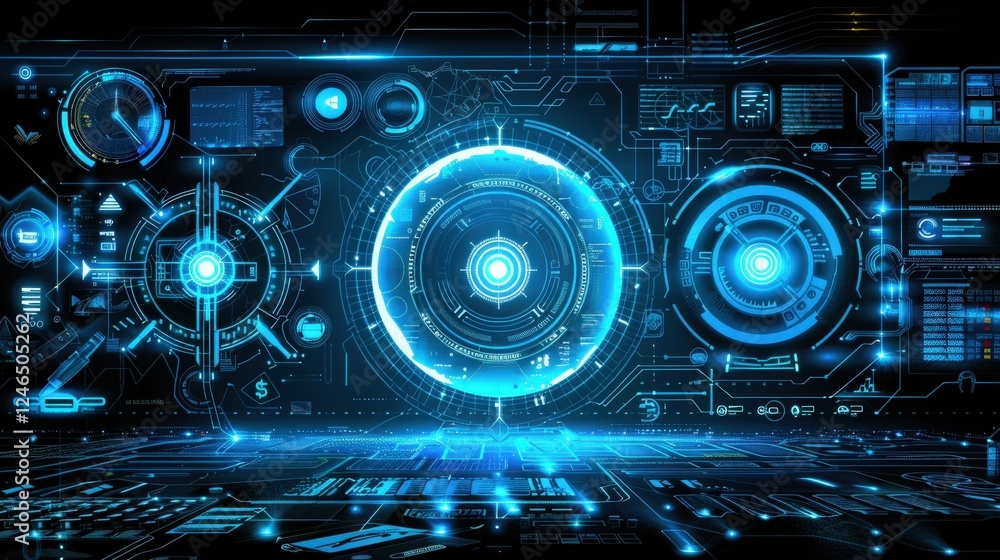 Poster high-tech futuristic dashboard with glowing blue holographic interfaces showcasing advanced advertis