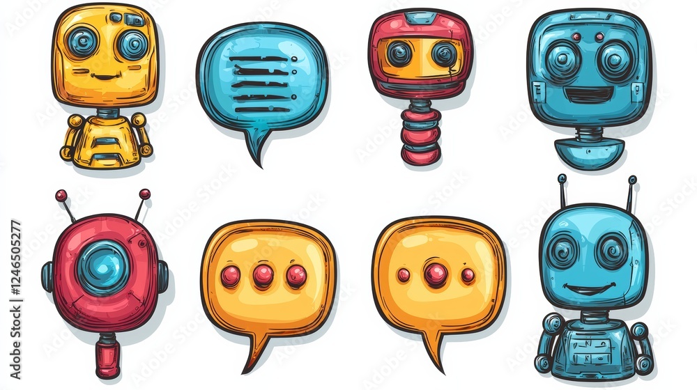 Poster colorful cartoon robots with speech bubbles, showcasing different expressions and styles, emphasizin
