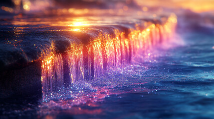 Magical Sunset Waterfall Nature Scene Colorful Water Flowing pink blue river rocks light image photo