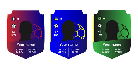 Custom football player card template with silhouette, stats, and national flags of France, Ukraine, and Brazil. Digital sports card design mockup for gaming and fantasy football © Creatmark