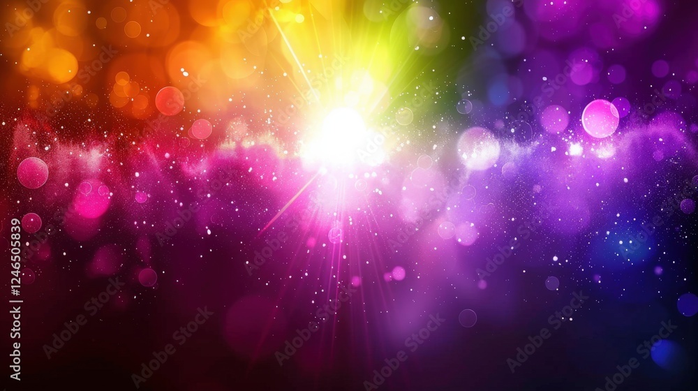 Poster swirling colorful particles and light beams radiate outward in an ethereal visual display. abstract 