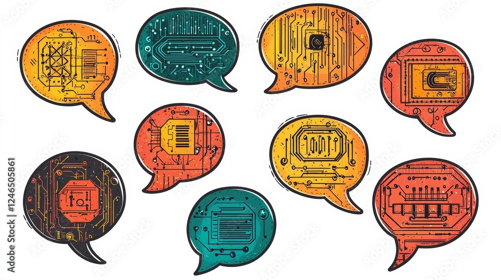 Poster colorful speech bubbles filled with circuit patterns, symbolizing technology, communication, and dig