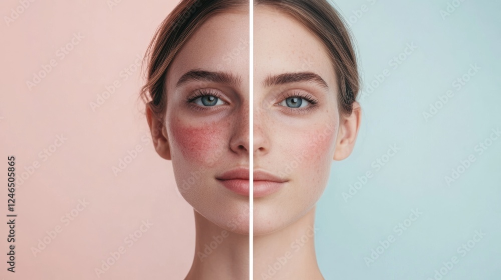 Poster effects of skin treatments highlighted in a split face comparison of acne and smooth skin. generativ