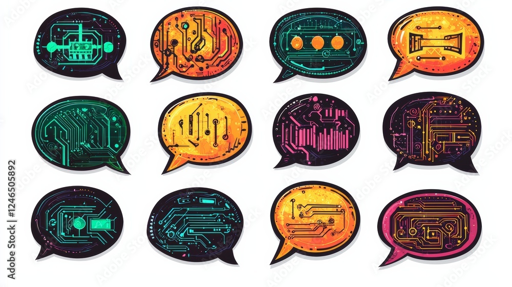Poster colorful speech bubbles with circuit patterns, representing digital communication and technology con