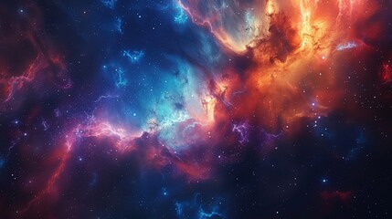 Obraz premium Cosmic scene filled with vibrant nebula clouds in blue and orange hues, scattered stars, and glowing light. Mystical and surreal atmosphere blending abstract and space elements...