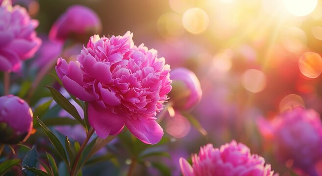 pink purple magenta peonies flowers outdoor garden bokeh sunlight growth environment fluffy