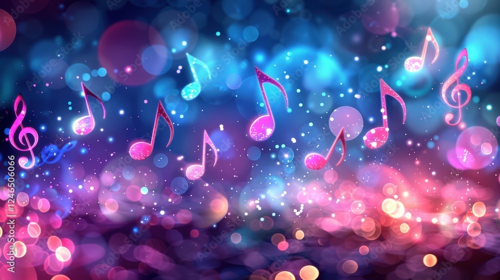Poster pink and purple musical notes glowing in a vibrant and colorful background filled with bokeh effects