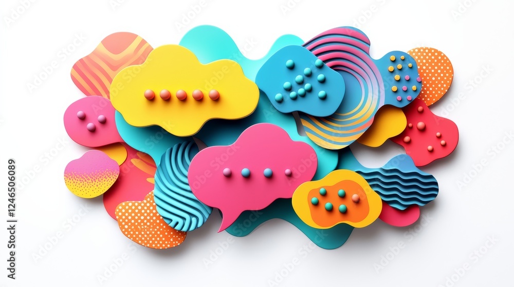 Poster colorful layered shapes resembling clouds, featuring various patterns and textures, create a vibrant