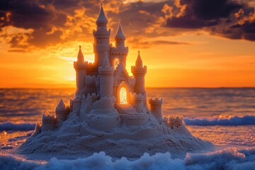 Naklejka premium Sandcastle masterpiece glows at sunset on a beach with crashing waves