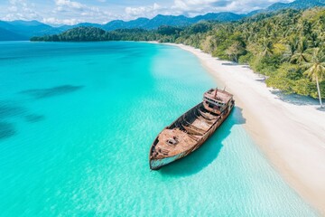 A historic shipwreck visible off the coast of a deserted island, surrounded by coral reefs