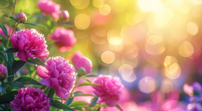 blooming pink purple magenta peonies flowers outdoor garden bokeh sunlight growth environment