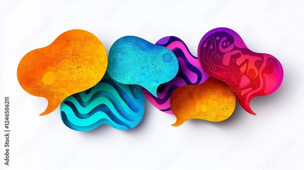 Poster colorful speech bubbles in various shapes and patterns, symbolizing communication and conversation.