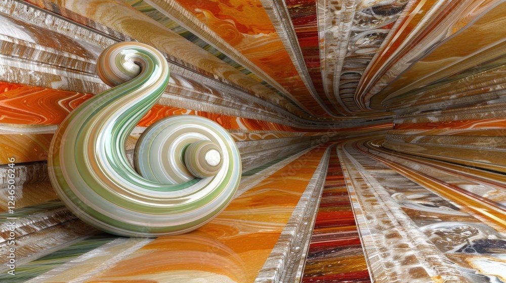 Poster 3d swirl-shaped musical note in a marble-like environment with swirling warm-toned patterns, blendin