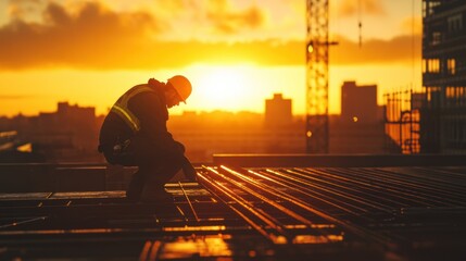 A realistic 4K industrial scene showing a skilled tradesman carefully aligning steel bars while the sun sets behind an unfinished high-rise structure.