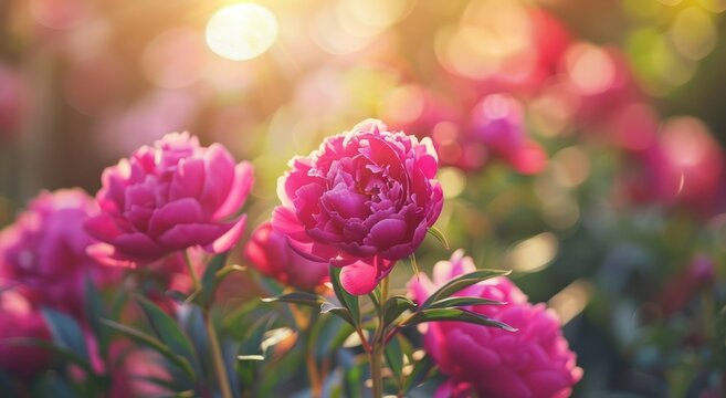 blooming pink purple magenta peonies flowers outdoor garden bokeh sunlight growth environment