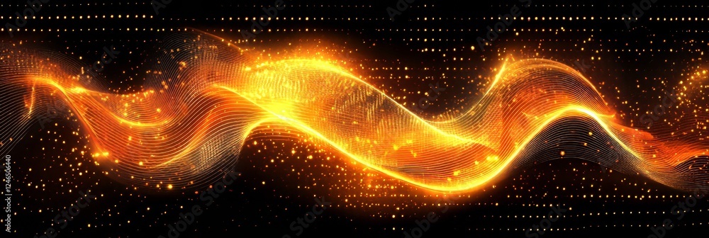 Aufkleber abstract gold wave with glowing particles, dynamic flowing shape on black background.