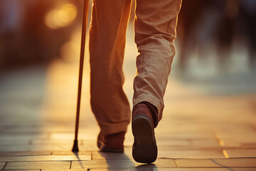 elderly person walking with a cane during sunset, blurred background