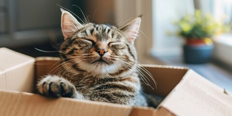 sleeping cute tabby cat in cardboard box pet lazy young animal fluffy relaxation