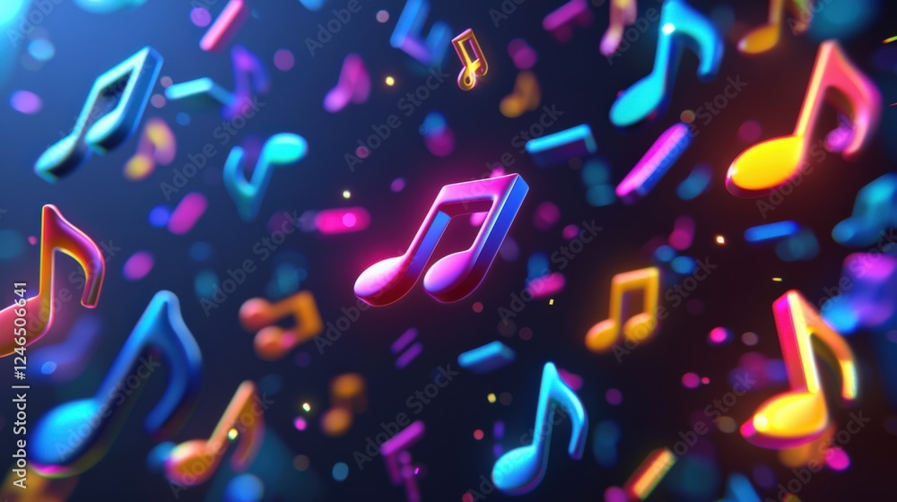Poster bright multicolored 3d musical notes floating in an abstract dark space with glowing neon effects, c