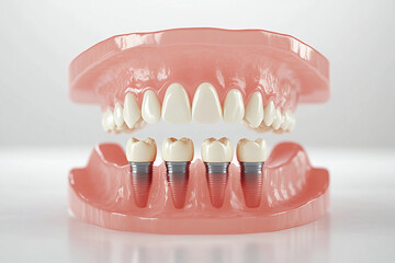 Obraz premium Dental implants displayed in a model of a human jaw demonstrating oral health and restoration procedures