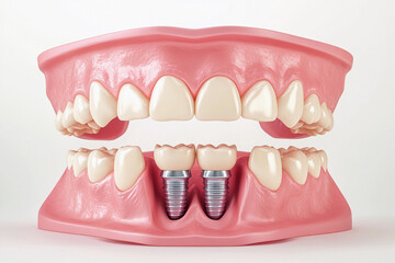 Obraz premium Dental implants displayed in a model of a human jaw demonstrating oral health and restoration procedures