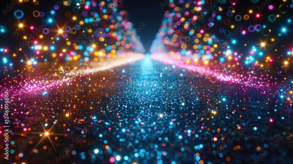Poster colorful particle-filled path with sparkling bokeh lights and vibrant gradients creating surreal fan