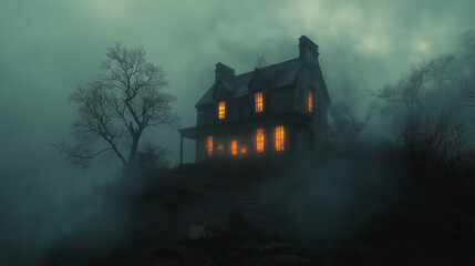 Haunted Manor: A Mysterious Glow in the Foggy Woods