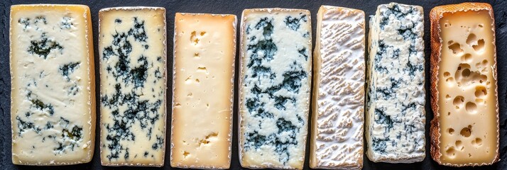 Assortment of artisanal gourmet cheeses with blue mold and holes, close-up on a slate background.