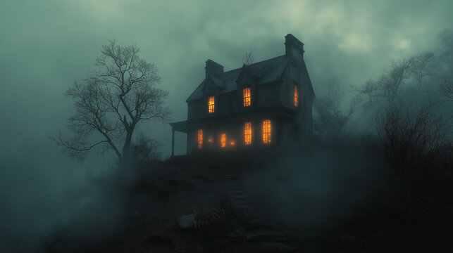 Haunted Manor: A Mysterious Glow in the Foggy Woods
