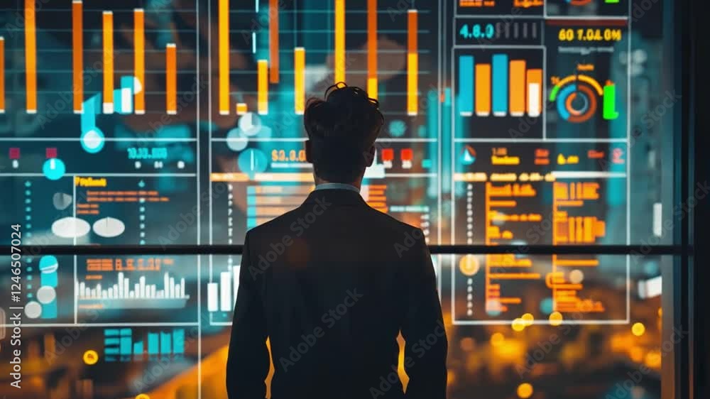 Poster professional observing data analytics in a modern office setting during nighttime